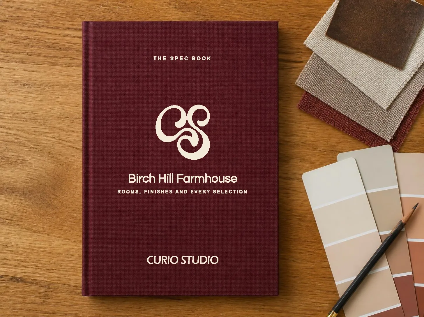 A merlot linen-bound Spec Book for Birch Hill Farmhouse beside fabric and paint swatches